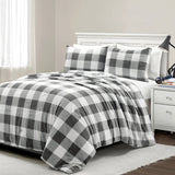 Twin Size Plaid Soft Faux Fur Comforter Set in Black White Grey